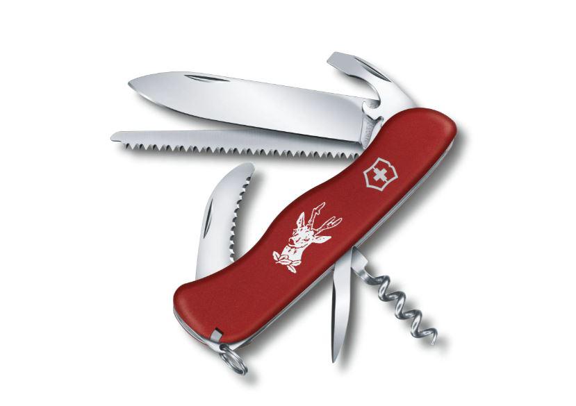 Faca multiuso Victorinox Hunter vermelha com gravura de veado