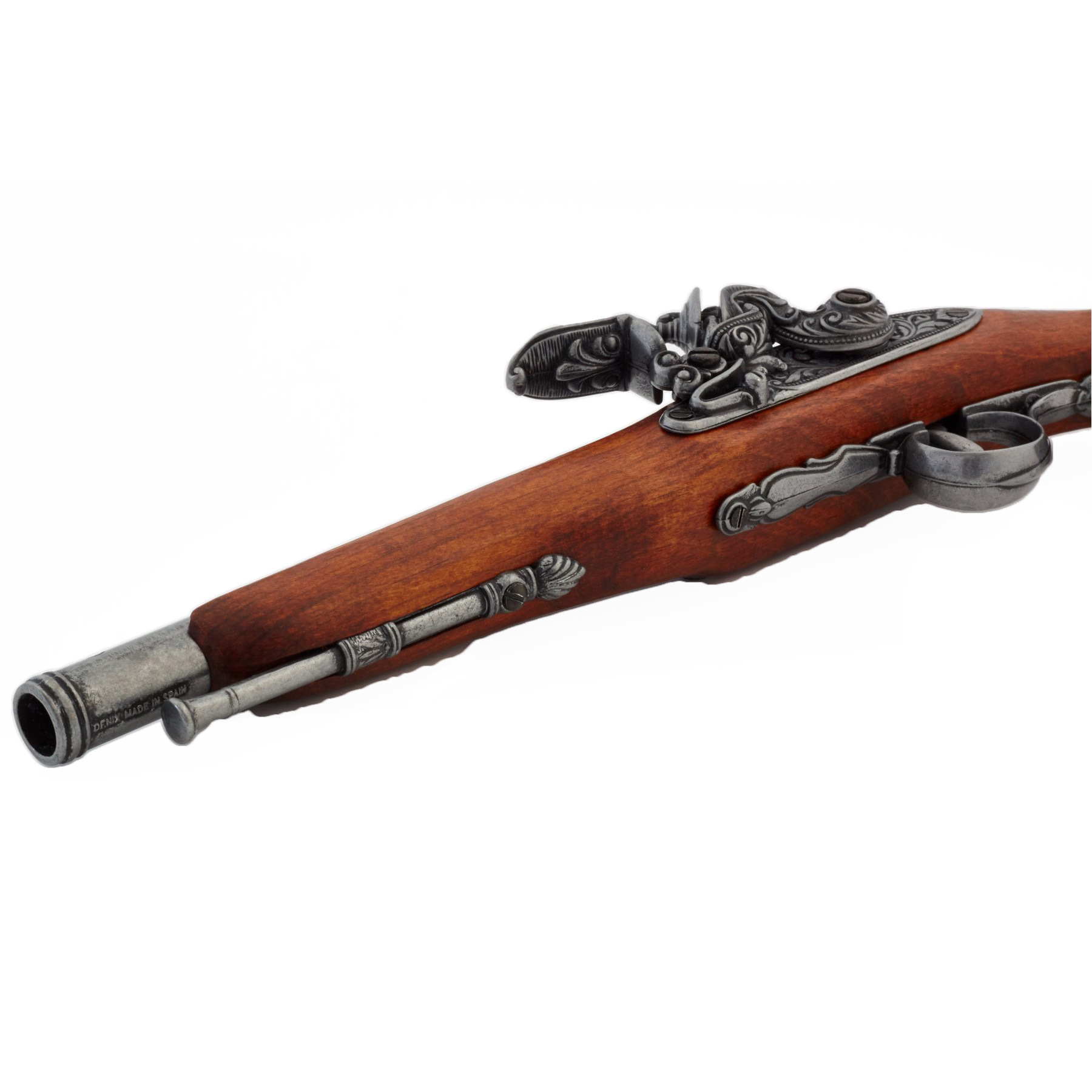 Pistola de chispa zurda siglo XVIII fabricada de madera y metal