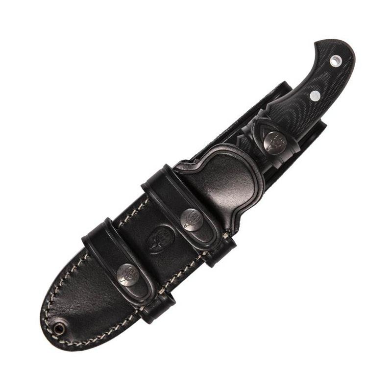 Muela Viking cuchillo de caza con mango de micarta negra y funda de piel multiposición