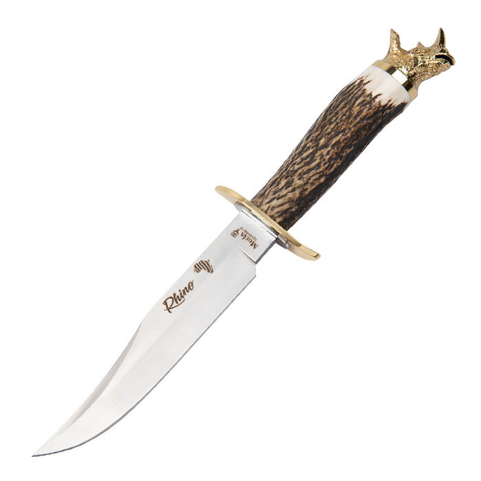 Cuchillo con puño de asta de ciervo, defensa latón e inox y pomo ...