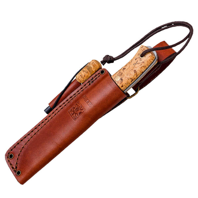 Faca de bushcraft Joker BS9 Ember com cabo de madeira de bétula e lâmina Sandvik 14C28N com pederneira