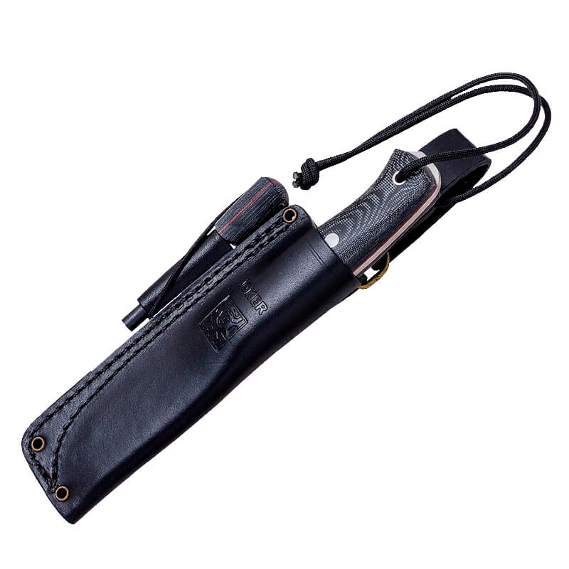 Cuchillo bushcraft Joker BS9 Ember con mango de micarta negra y hoja de Sandvik 14C28N con pedernal