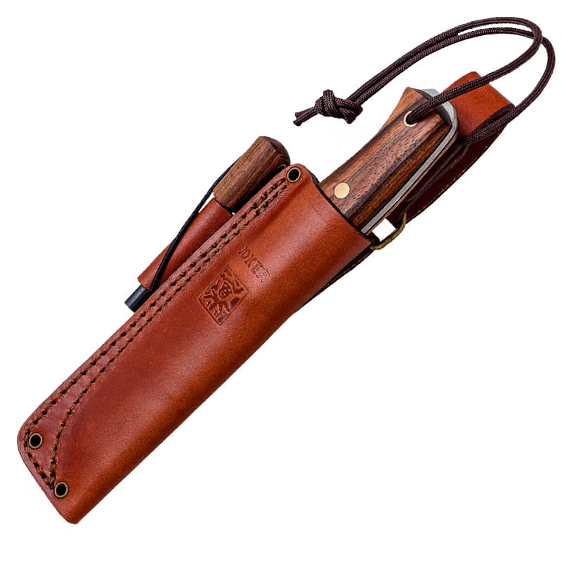 Joker BS9 Ember bushcraft knife with walnut handle and Sandvik 14C28N blade with flint