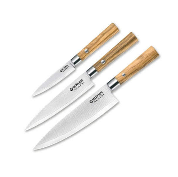 Set de tres cuchillos de cocina Damascus Olive Knife Trio de Boke...