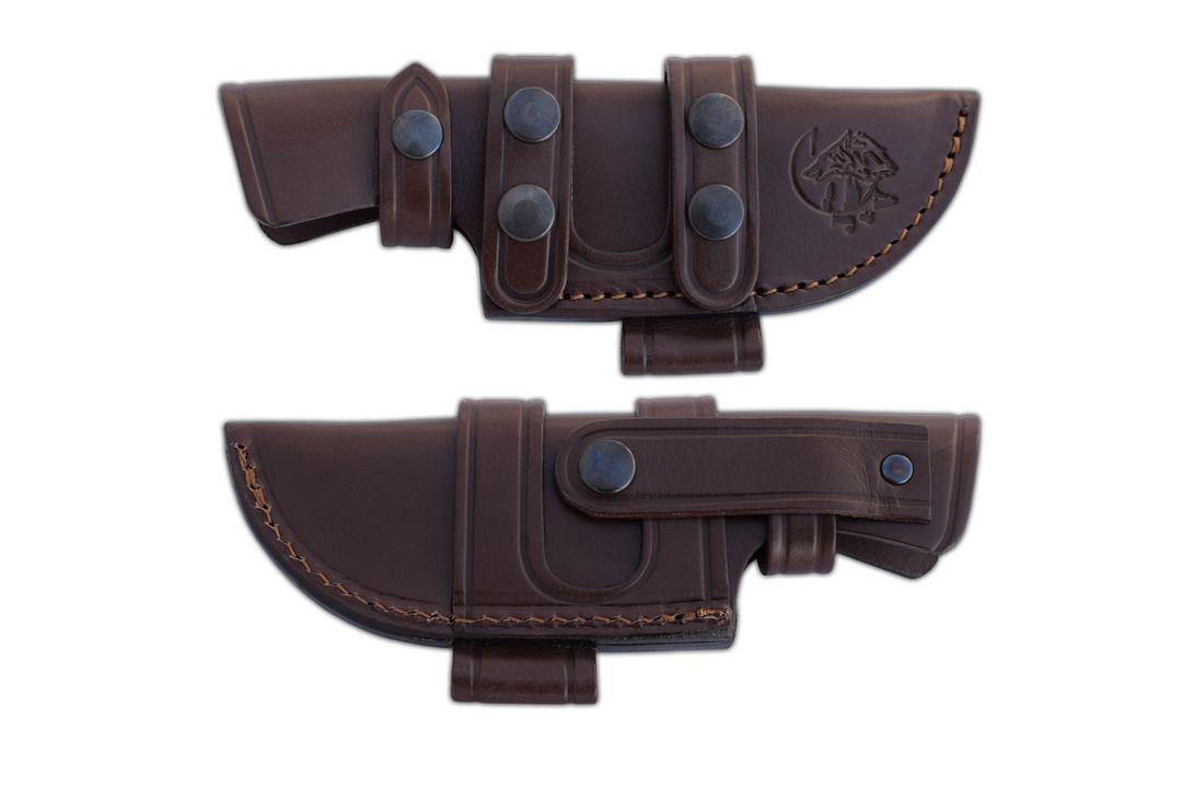 Faca tática JV Chacal bushcraft com cabo de madeira cocobolo e bainha de couro multiposições