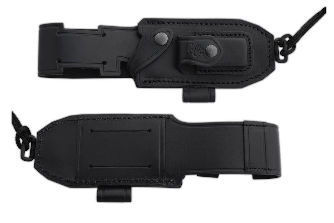 JV Chacal cuchillo bushcraft con mango de micarta negra y hoja negra con funda de piel