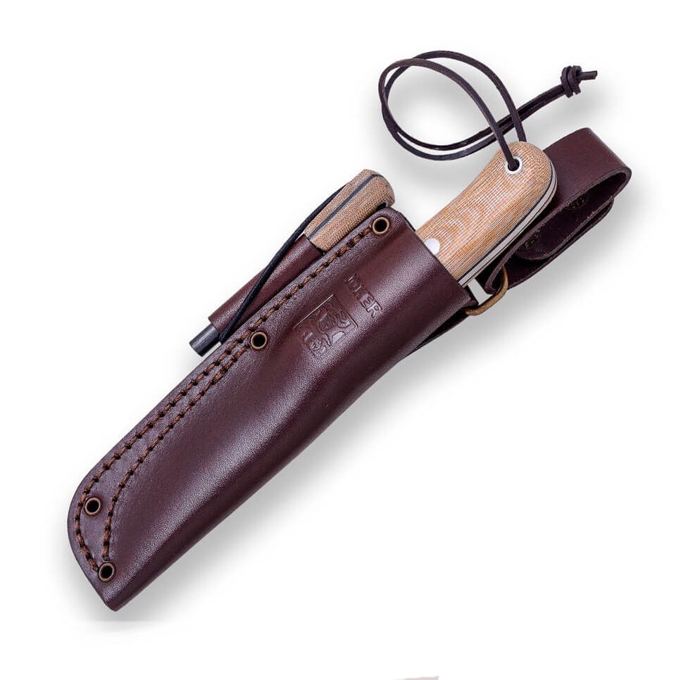 Faca bushcraft Joker BS9 Trampero S com cabo de micarta marrom e lâmina scandi de 10 cm com pederneira