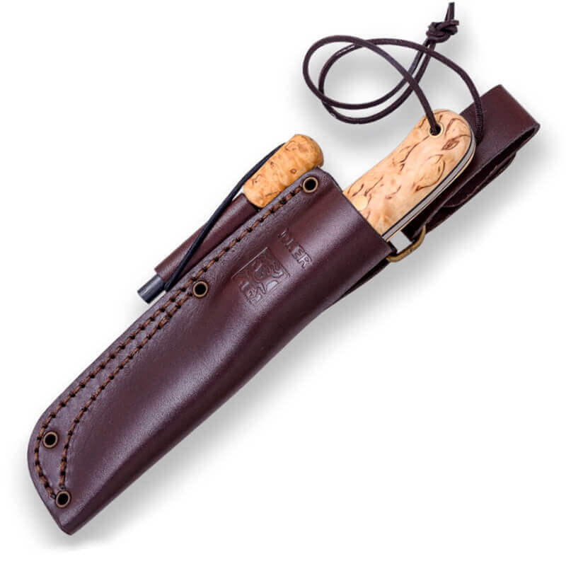 Cuchillo bushcraft Joker BS9 Trampero S con mango de madera de abedul y hoja escandi de 10 cm con pedernal