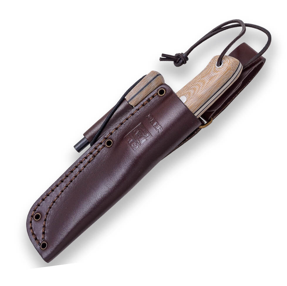 Faca Bushcraft BS9 Nordic Joker com cabo de micarta marrom e lâmina Böhler K720 com pederneira