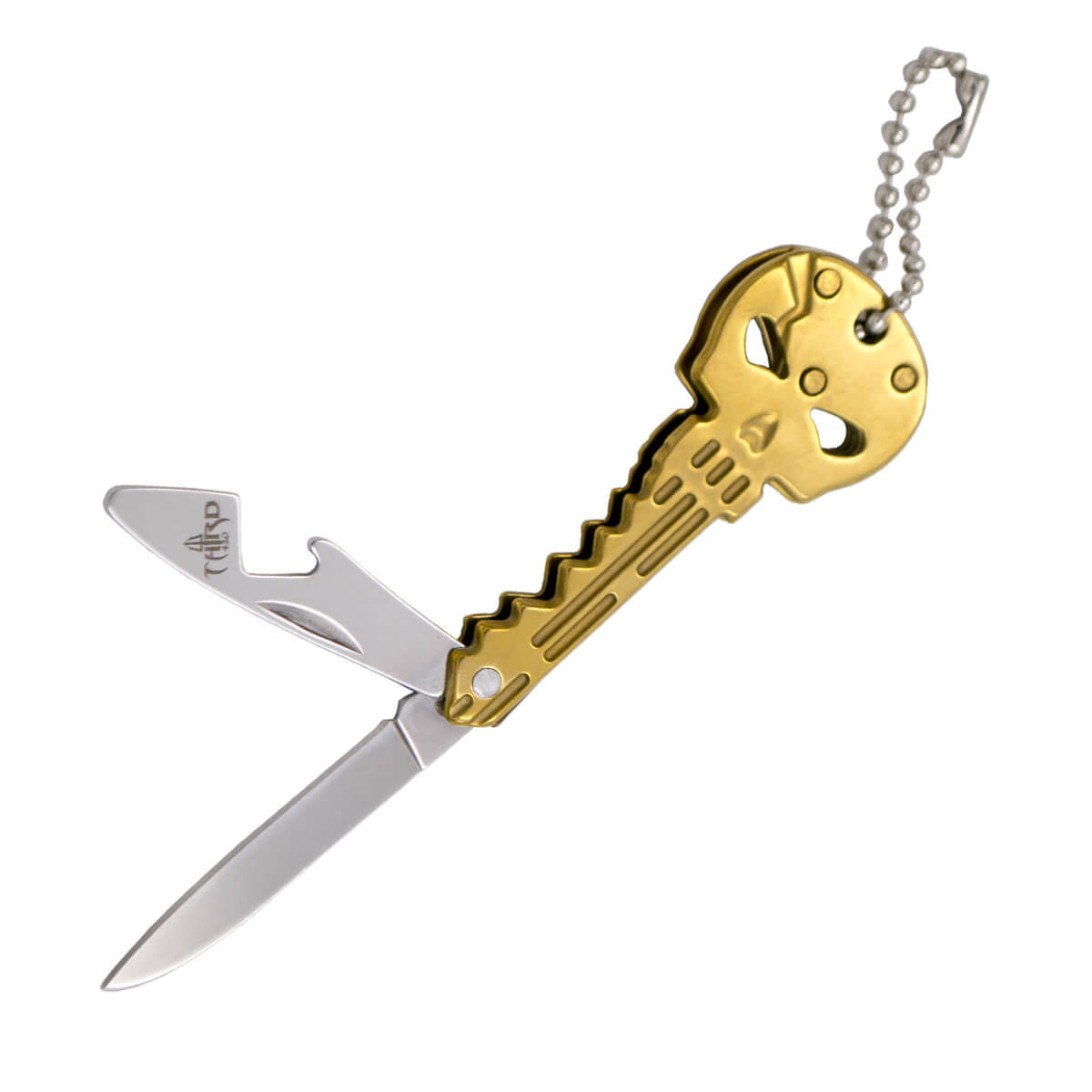 Navaja llavero calavera de acero inox dorado con hoja de 4,6 cm