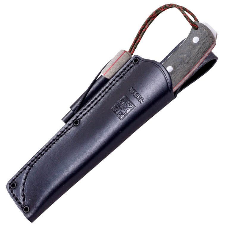 Faca de bushcraft Joker Nomad com cabo de micarta verde com pederneira