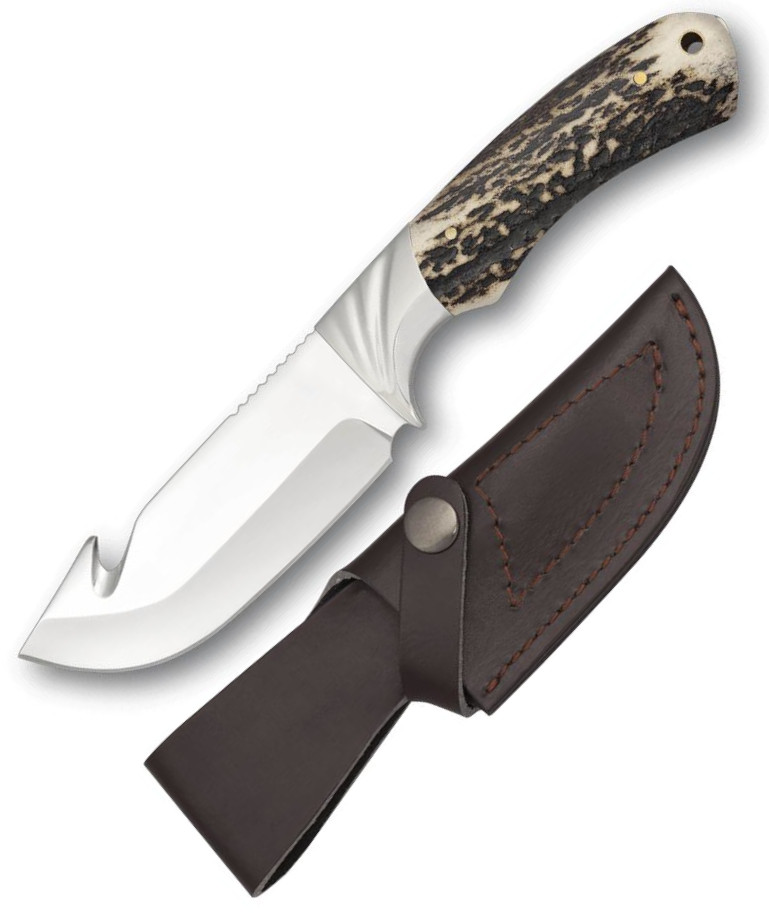 Cuchillo de caza desollador con mango de asta de ciervo, virola d...