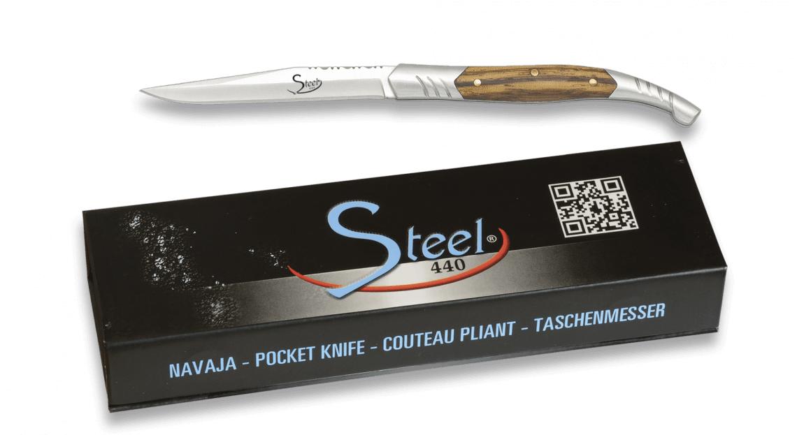 Canivete STEEL 440 com escamas em madeira zebra e lâmina tipo est...