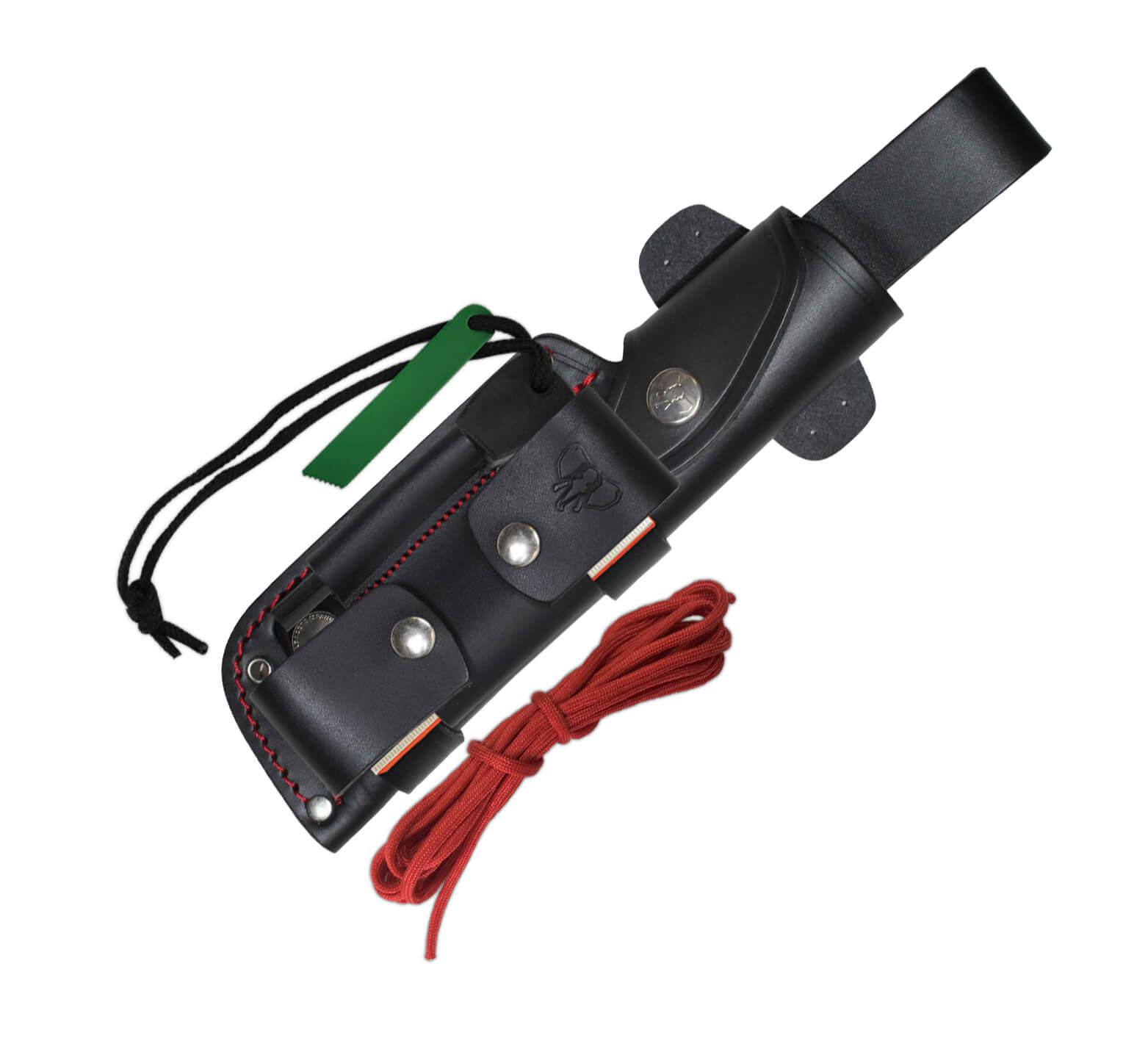 JJSK1 Cudeman-Messer. Griff aus schwarzem Micarta. Böhler N-695 Stahl. Lederetui. Komplettes Set