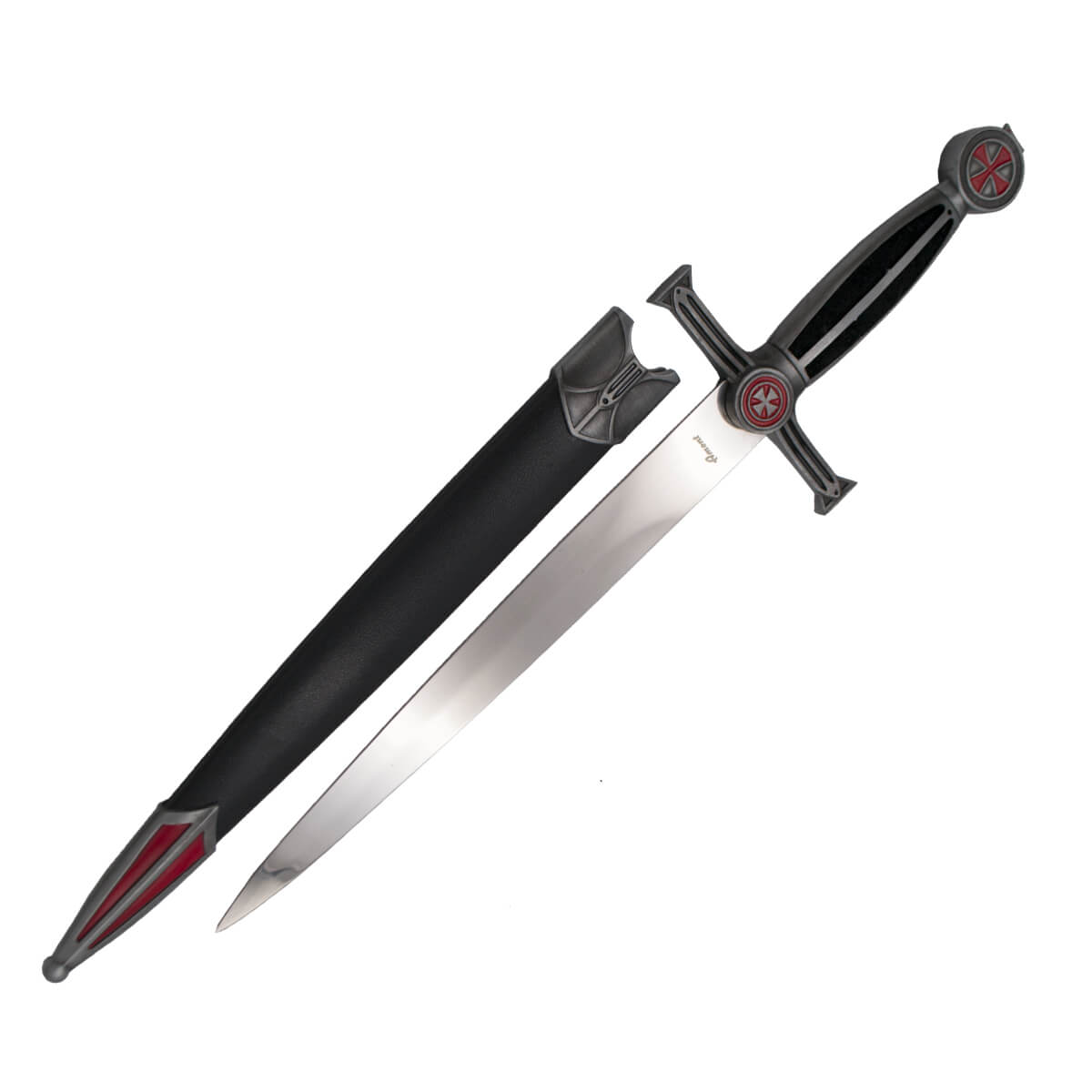 Adaga com cruz templária vermelha com pomo níquel e cabo de velud...