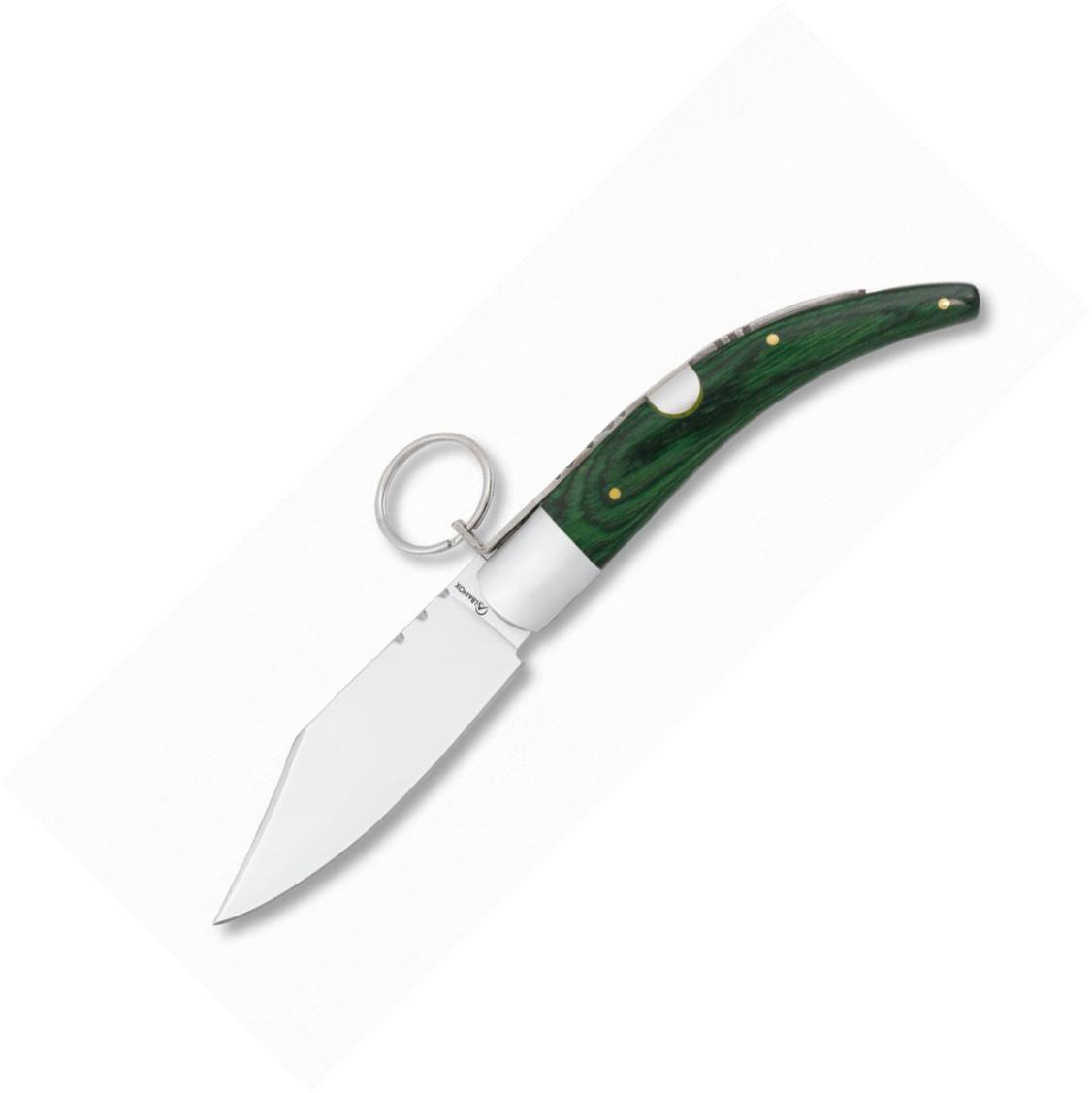 Faca dobrável clássica com lâmina larga e trava de anel. Identifi...