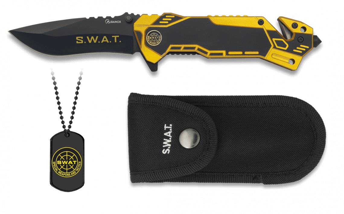 Canivete tático Albainox SWAT com dog tag, bainha de nylon e lâmi...
