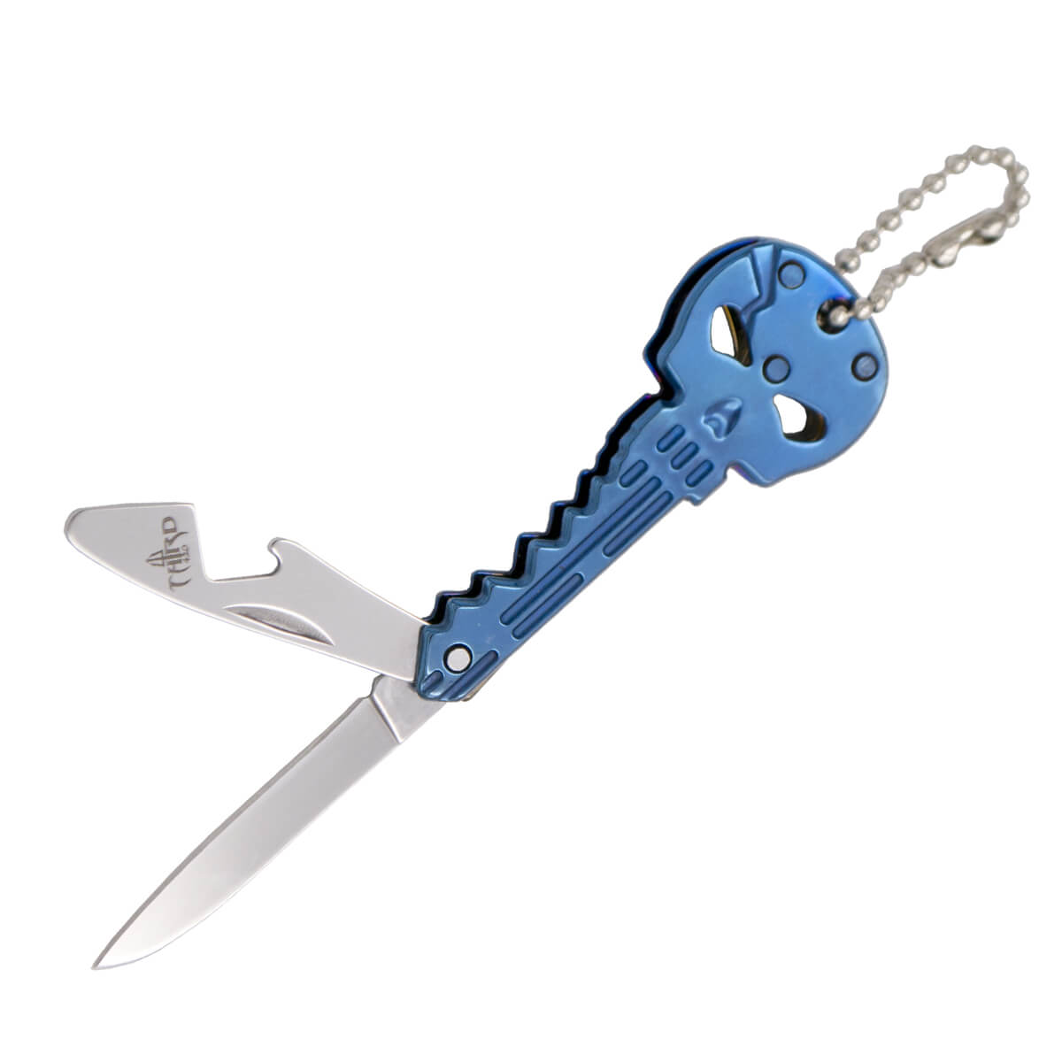 Faca porta-chaves caveira em aço inox azul com lâmina de 4,6 cm