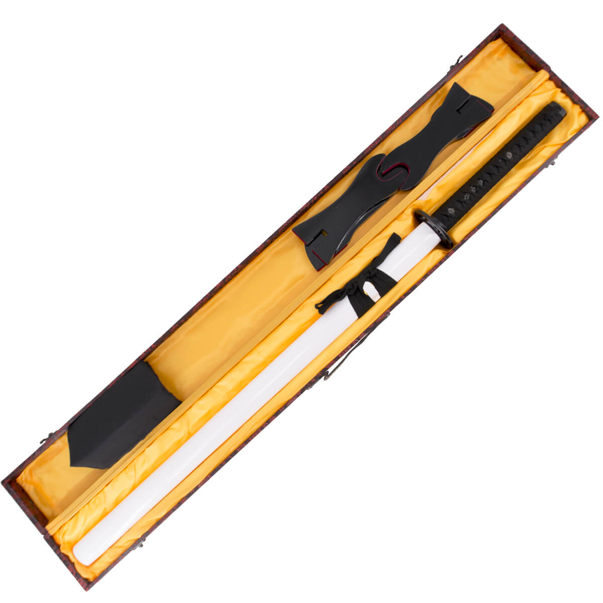 Katana funcional con hoja de acero damasco rojo y vaina blanca