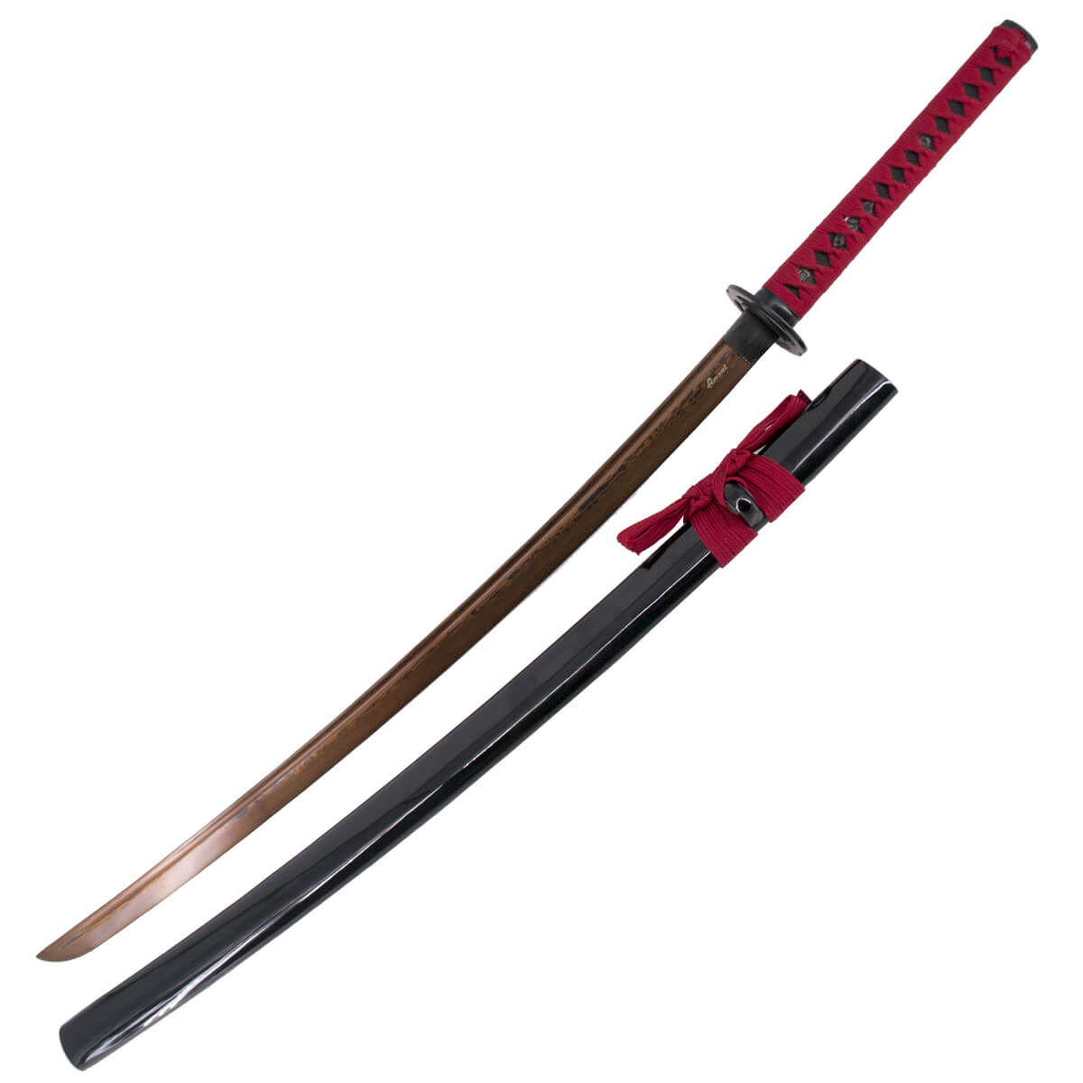 Katana funcional com lâmina de aço carbono vermelho e bainha pret...