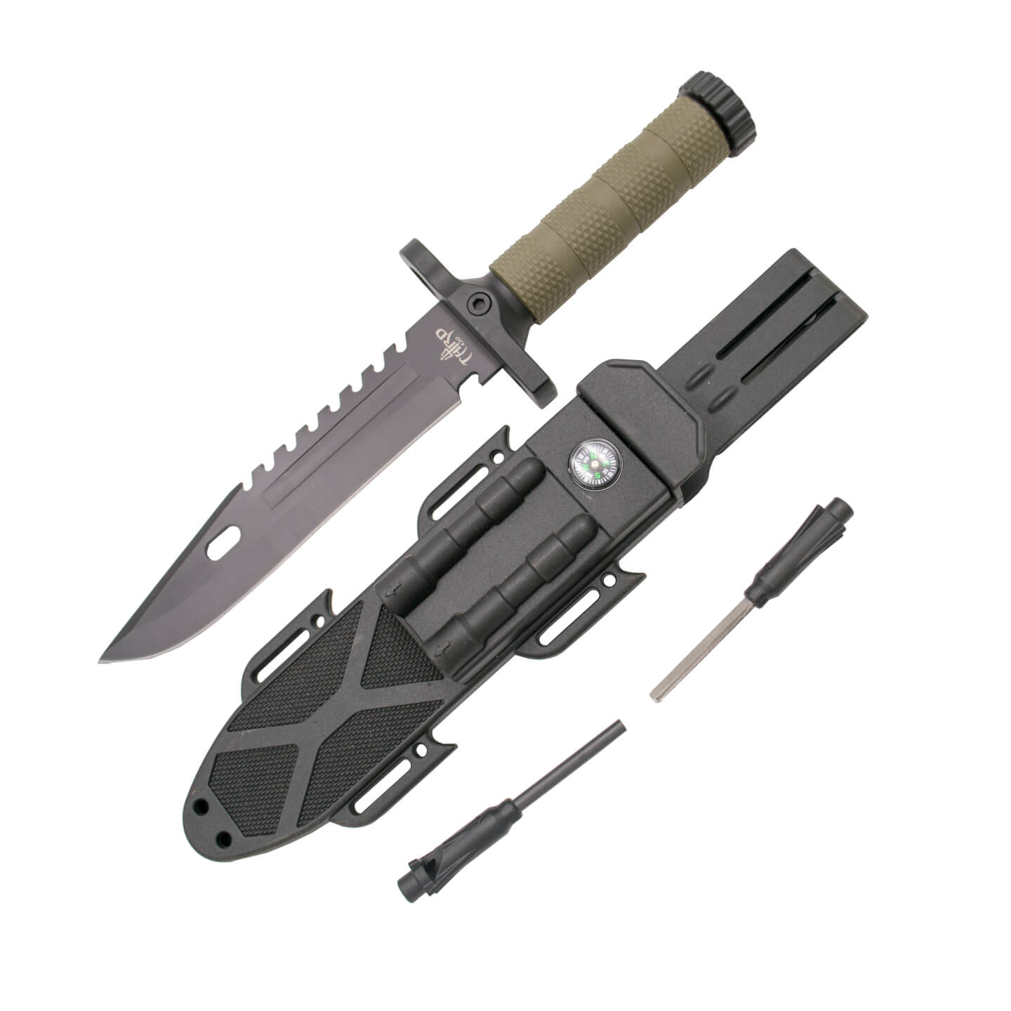 Cuchillo de supervivencia con mango de fibra verde y hoja negra d...