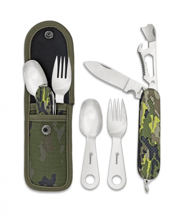 Set de cubiertos para camping de camuflaje verde con funda de nyl...