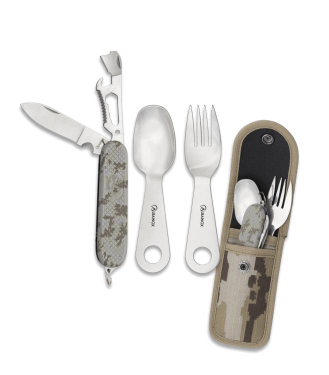 Set de cubiertos para camping de camuflaje árido con tenedor, cuc...