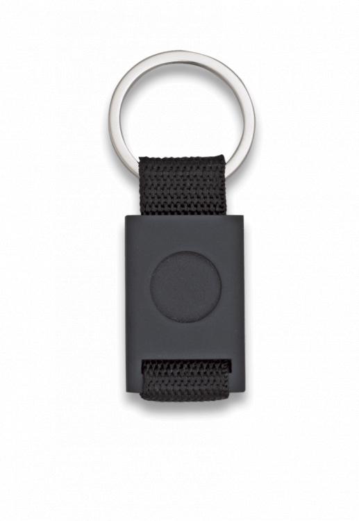 Chaveiro retângulo preto com fita preta com dimensões de 3,4 x 8,...