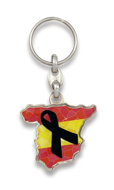 Chaveiro com laço preto e mapa da Espanha ao fundo