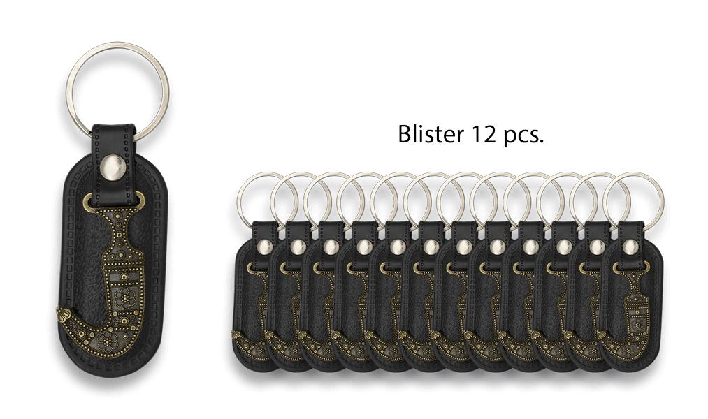 Chaveiros de couro com faca árabe apresentados em blister de 12 u...