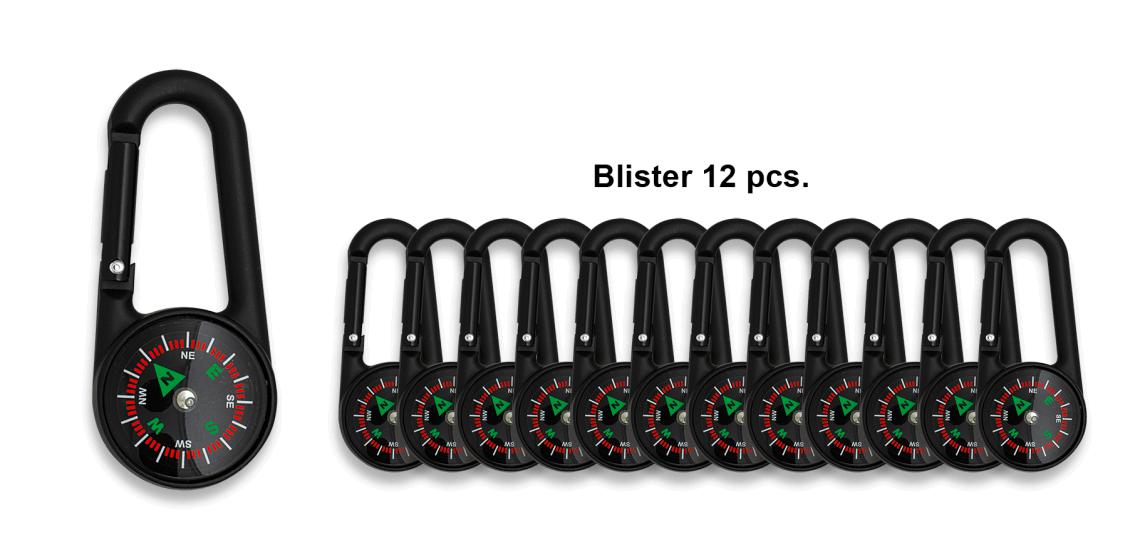 Mosquetões com bússola de 7 cm de comprimento apresentados em bli...