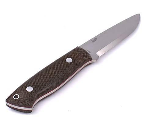 Cuchillo Bushcraft Brisa Trapper 95 scandi con mango de micarta verde y funda bushcraft con pedernal
