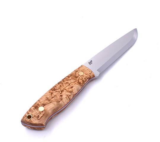 Cuchillo de Bushcraft Brisa Trapper 115 scandi con mango de madera estabilizada de abedul rizado con acero Elmax y funda bushcraft