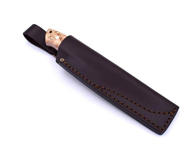 Cuchillo de Bushcraft Brisa Trapper 115 scandi con mango de madera estabilizada de abedul rizado con acero Elmax y funda bushcraft