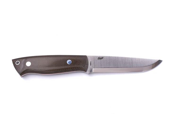 Brisa Trapper 115 scandi knife with green micarta handle with Elmax steel and bushcraft sheath