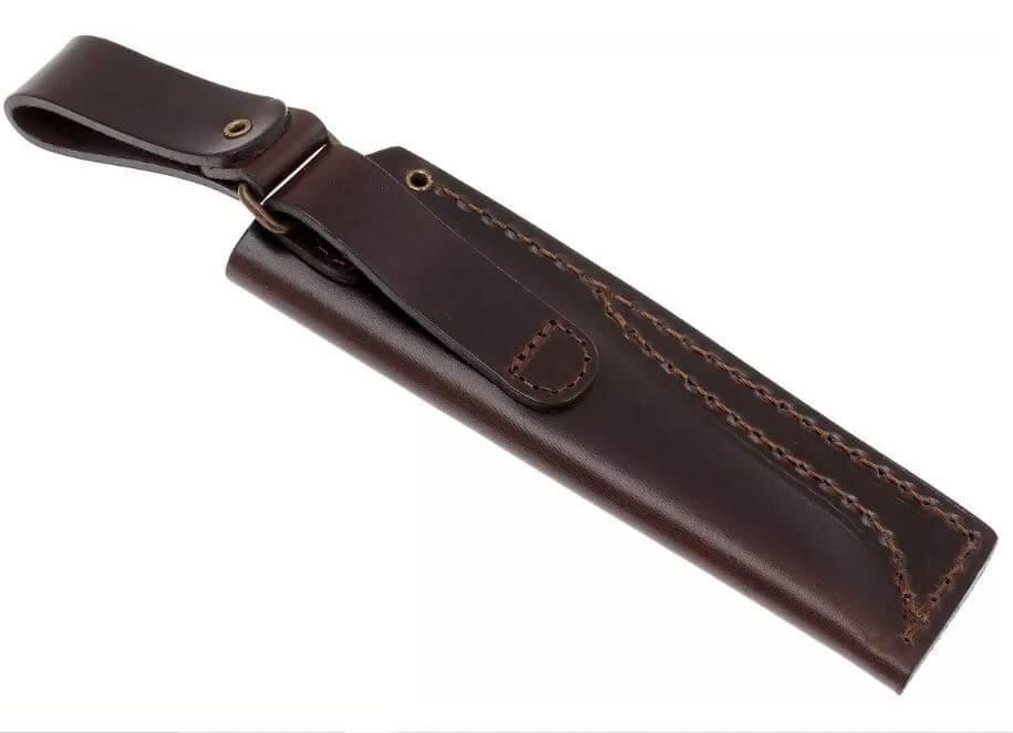 Brisa Trapper 95 com cabo em madeira de bétula encaracolada estabilizada e lâmina plana em aço N690Co com bainha bushcraft