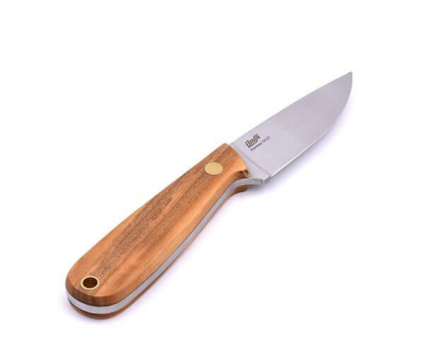 Cuchillo de cuello Brisa Necker 70 con puño de madera de olivo con funda de piel