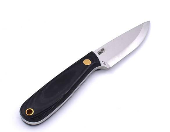 Cuchillo de cuello Brisa Necker 70 Scandi con puño de micarta negra y funda de piel