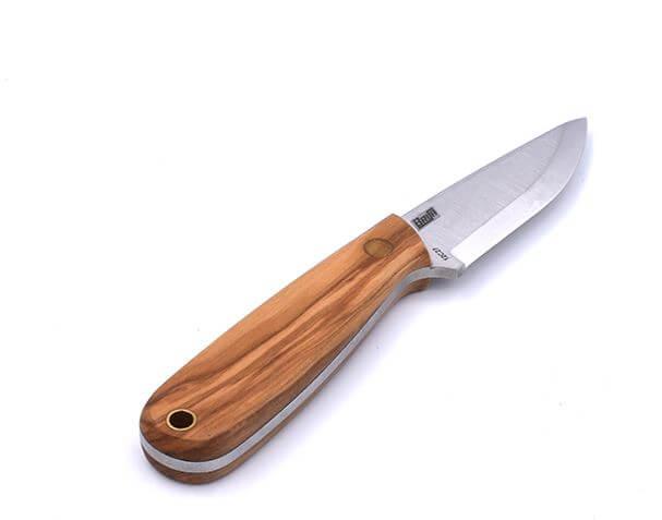 Brisa Necker 70 Scandi neck knife with olive wood handle and multicarry sheath