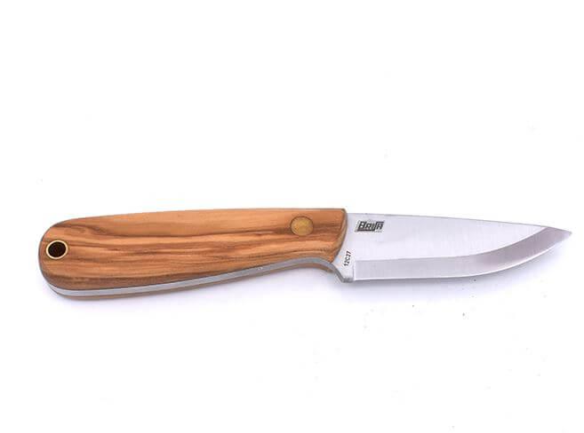 Brisa Necker 70 Scandi neck knife with olive wood handle and multicarry sheath