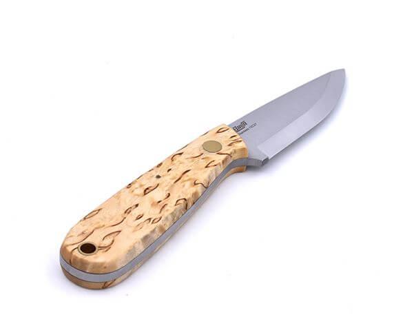Cuchillo de cuello Brisa Necker 70 Scandi con mango de madera de abedul rizado y funda multicarry