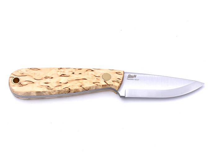 Cuchillo de cuello Brisa Necker 70 Scandi con mango de madera de abedul rizado y funda multicarry
