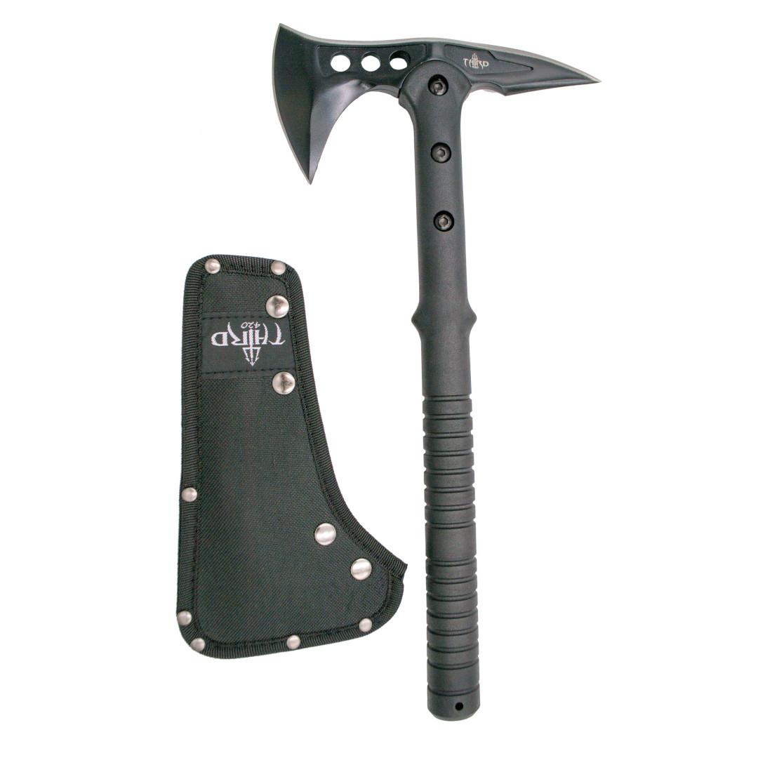 Hacha táctica negra con hoja de acero 420