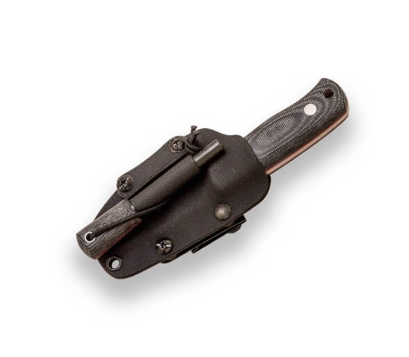 Cuchillo de supervivencia Joker Erizo TS1 con mango de micarta negra y funda de kydex con pedernal