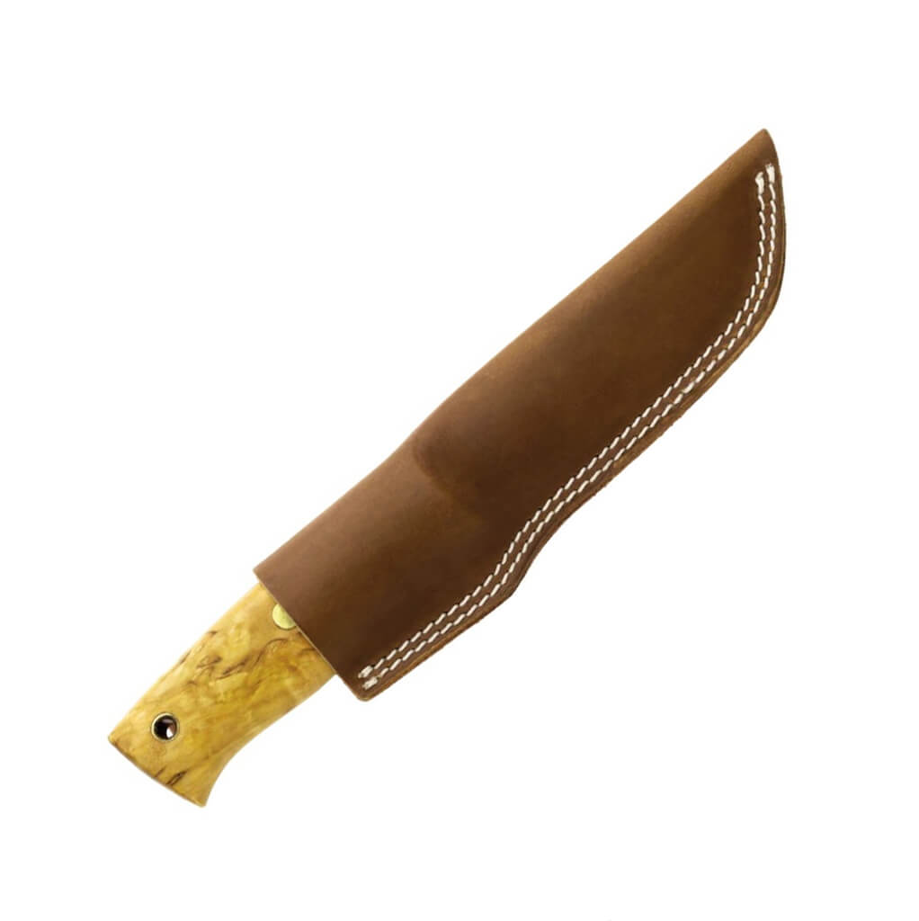 Cuchillo bushcraft Helle Temagami 1300 con mango de madera de abedul y hoja de acero Sandvik 14C28N