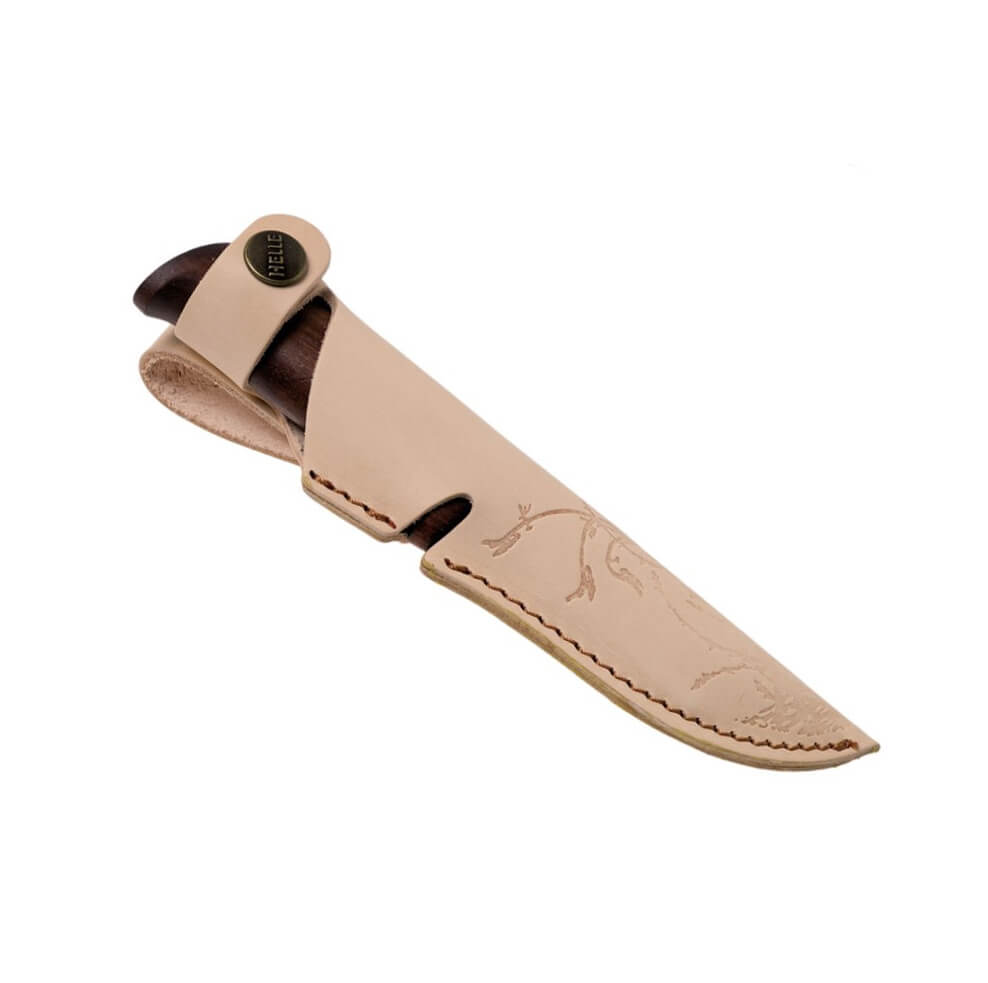 Faca bushcraft Helle Spire 06 com cabo em madeira de bétula escura e lâmina de 6,7 cm