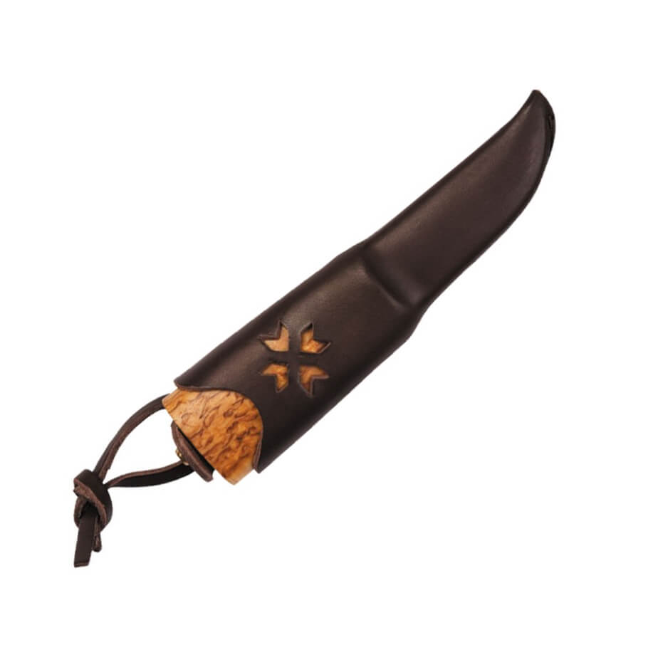 Cuchillo nórdico Helle Nying 55 con mango de madera de abedul rizado