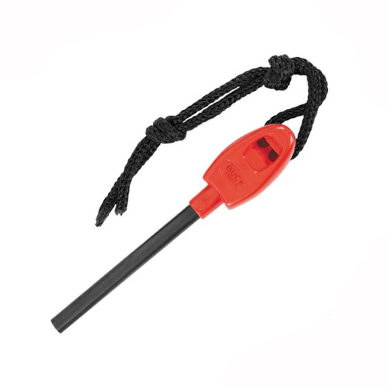 Buck Selkirk taktisches Messer mit braunem Micarta-Griff und Feuersteinscheide