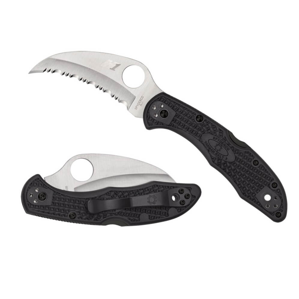 Navaja Spyderco Tasman Salt 2 con mango de FRN negro y hoja serrada de acero H-1 C106SBK2