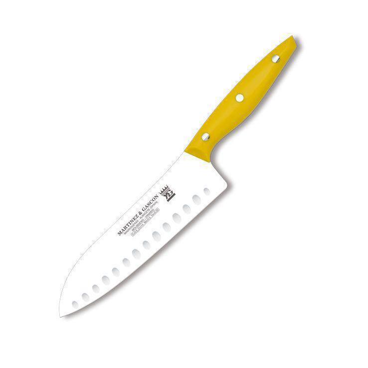 Faca Santoku com lâmina alveolada de 20 cm e cabo de polioximetileno em diversas cores